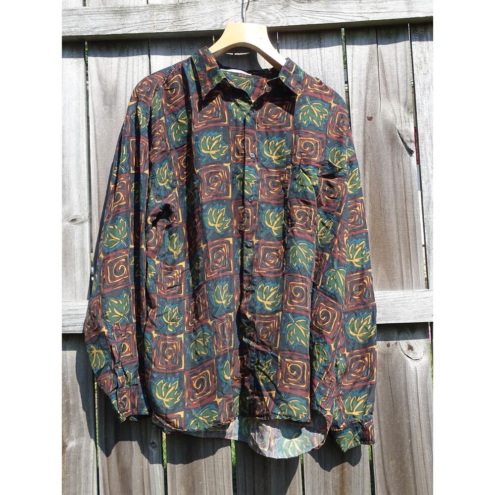 Vtg Perry Ellis 100% Silk Art Design Shirt XL Retro 90s Abstract Long Sleeve